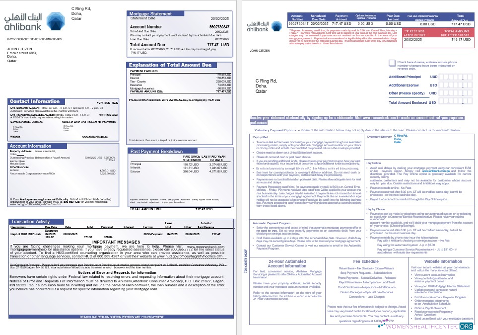 Download Qatar Ahlibank mortgage statement in Word and PDF formats 1 2 Photoshop template
